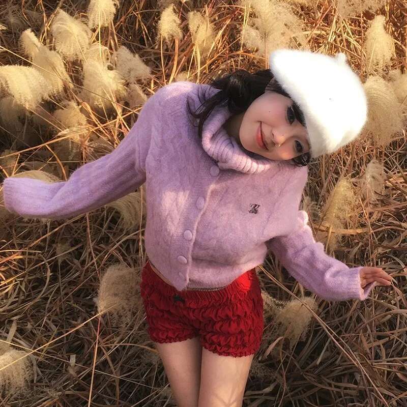 Karrram Japanese Y2k Turtleneck Cardigans Vintage Korean Style Knitted Sweater 2000s Aesthetics Pink Winter Knitwear Haruku