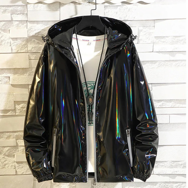 #4201 Black Sliver Shinny Jacket Men Bomber Korean Style Hip Hop Slim Jackets And Coats Streetwear Hooded Coat 250214