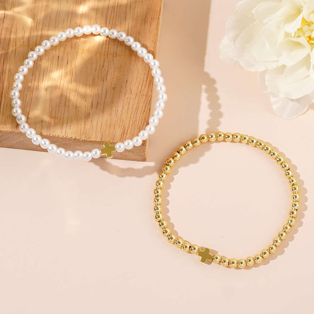 Fashionable and Personalized Iron Gallstone Cross Imitation Pearl Stacked Bracelet, Copper Bead Beaded Women's Bracelet