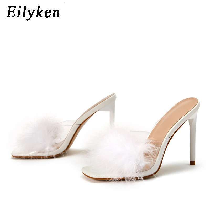 Fashion Feather Thin Heels Fur PVC Slippers Sandals Women Peep Toe Mules Ladies Pumps Slides Shoes Size 35-42