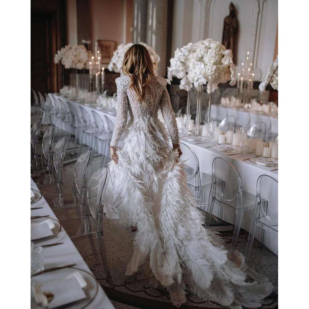 Pearls Feathers Bridal Gowns Side Split Wedding Dress Customized Illusion Beaded Lace Vestido de novia