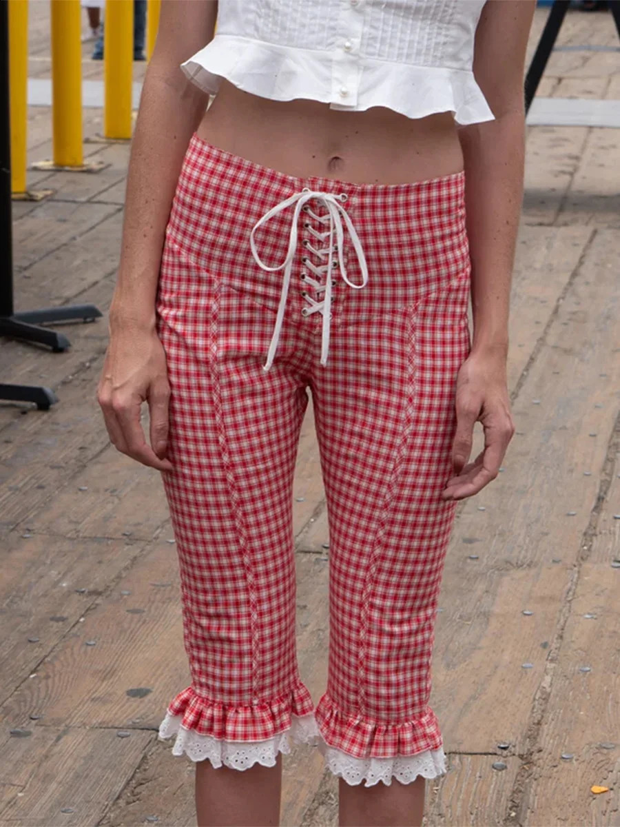 Women Pants Lace Ruffles Front Cross Tie-Up Summer Casual Cropped Pants Stretch Crop Leggings 250218