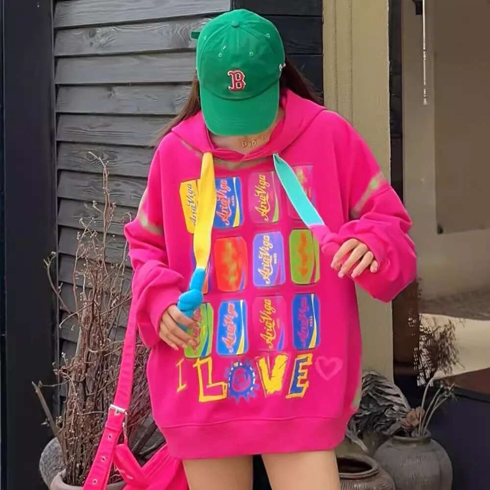 European Goods Graffiti Creative Design Oversized Hooded for Women 2024 Spring Autumn Mid-Length Sweatshirt Hoodie