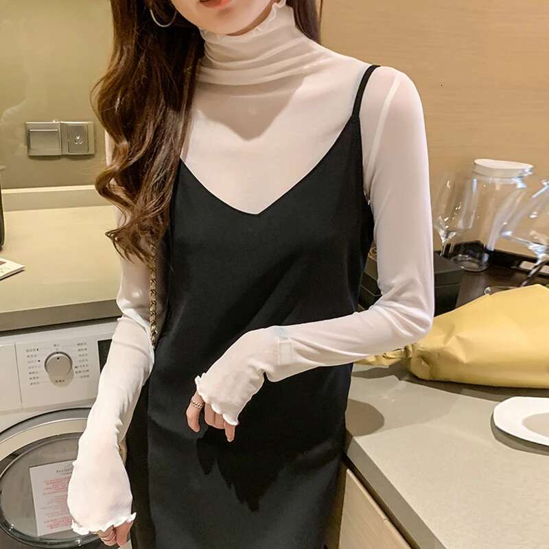 AOSSVIAO 2024 Spring Summer Women's Sexy See Through Mesh Blouse Long Sleeve Transparent Turtleneck Shirt Fashion Women Tops
