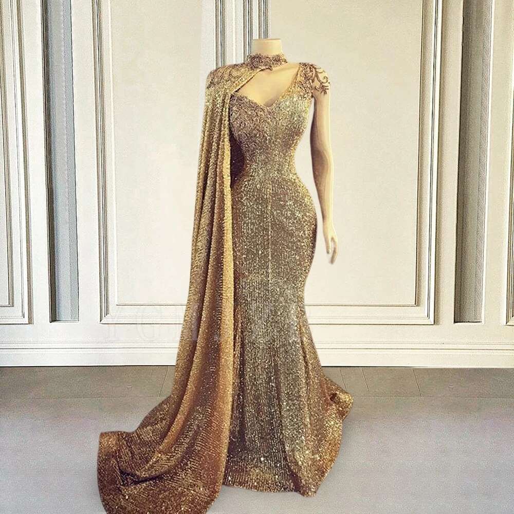 One Shoulder Gold Evening Dress Long Mermaid Sparkly Sequin Beads with Shawl Formal Prom Party Gown Special Ocns Customized