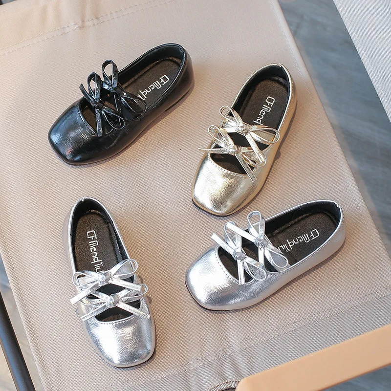 Kids Baby Girl Children Black Gold Silver Wedding Party Princess Leather Soft Bottom Shoes Girls Bow-tie Single Shoes H08093 250219