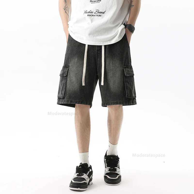 2025 Summer New Work Pants Men's Designer Pocket Denim Shorts Elastic Waist Loose Casual Fashion Straight Tube High Street Width Knee Length Deni
