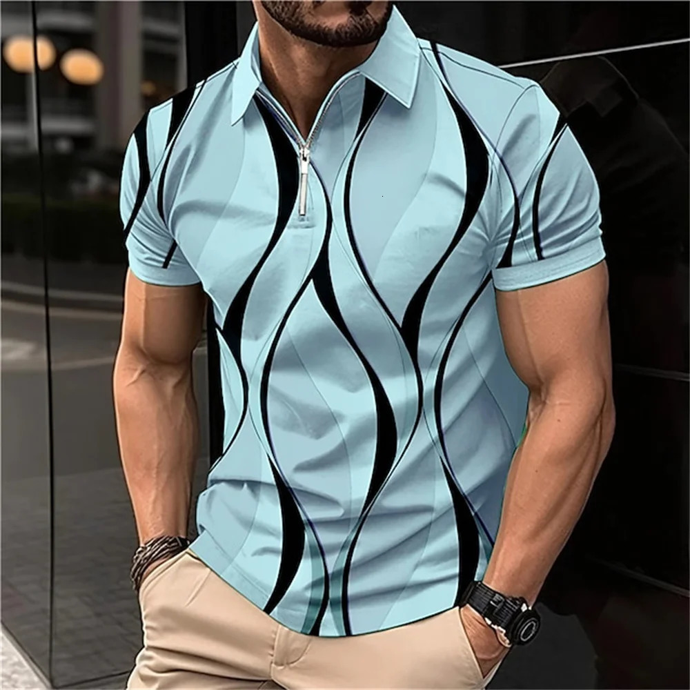 Mens Zipper Collar Polo Shirt Golf Pattern Printed Geometric Lines Folding Short Sleeve Clothing Top Handsome T 250219