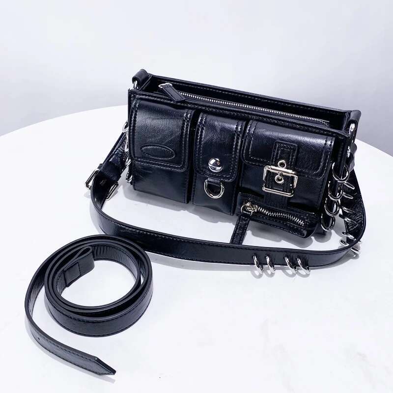 Moto & Biker Box Bag For Women Designer Handbag Purse 2024 New In PU Inlaid Metal Ring Multiple Pockets Underarm Shoulder