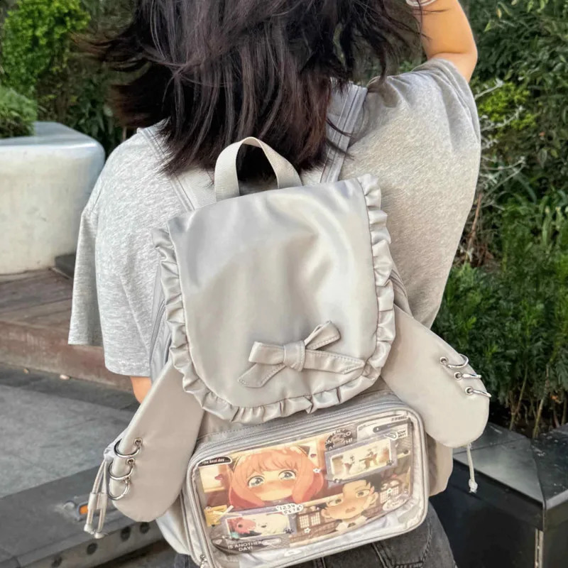 Bowkont Ruffled Japanese Y2k Backpack Transparent Pocket Lolita Bag High Capacity Preppy Style Itabag Rabbit Ear Pain Bag 250218