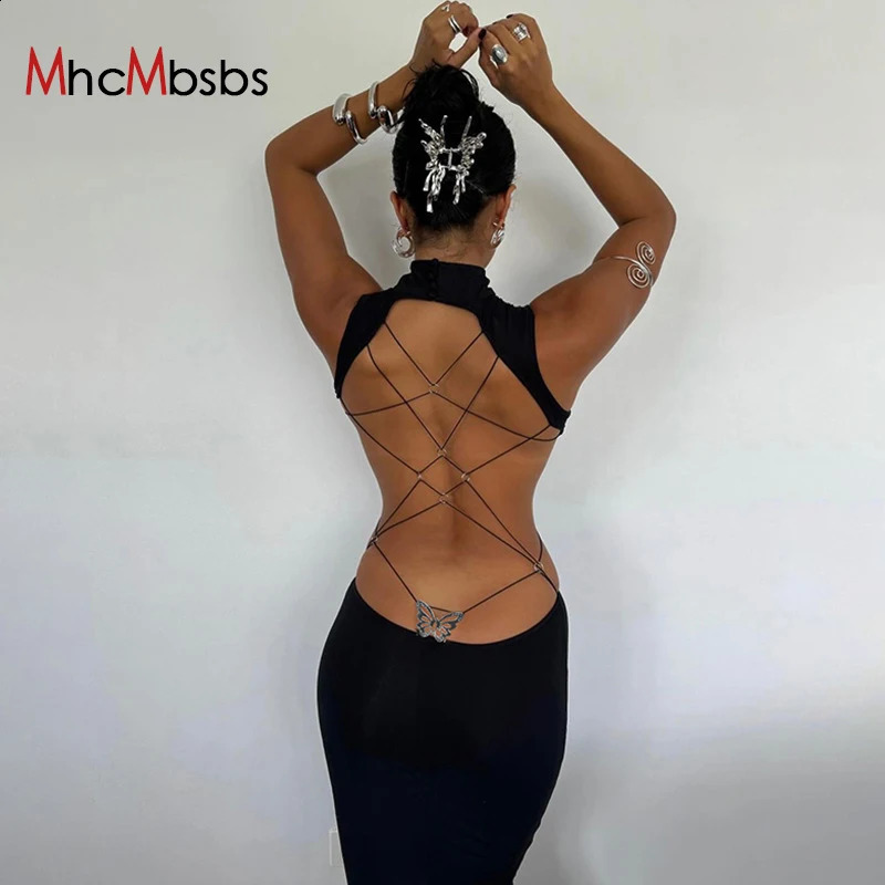 Sexy Backless Bandage Bodycon Maxi Dress Women Turtleneck Sleeveless Black Gothic Party Vestido Spring Fall Y2K Clothes 250218