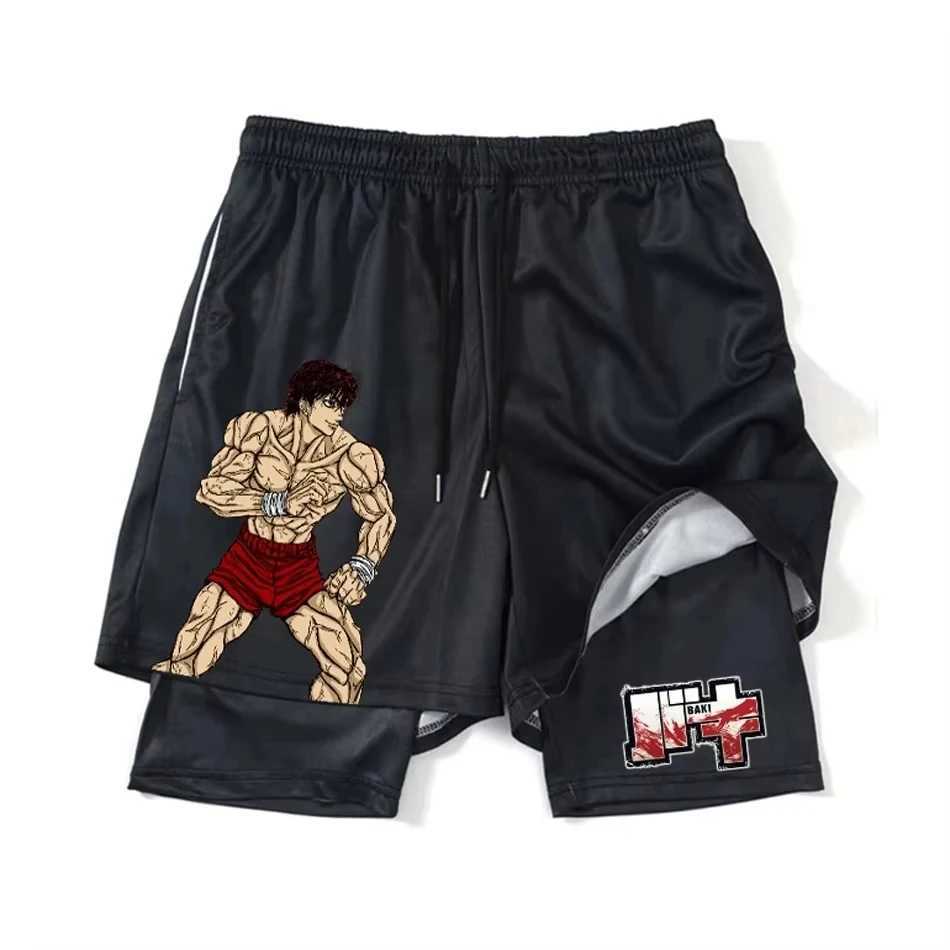 Anime Hanma Baki Gym Shorts Black for Men 2 In Mesh Quick Dry Board Shorts Mens Bodybuilding Fitness Running Short Pants Summer W250219