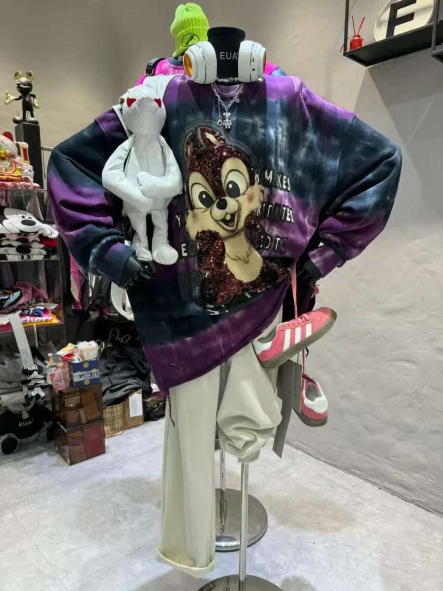 Heavy Industry Sequined Tie-dye Cartoon Squirrel Sweatshirts 2024 Autumn New Loose Fashion Mid Length Top Streetwear Women