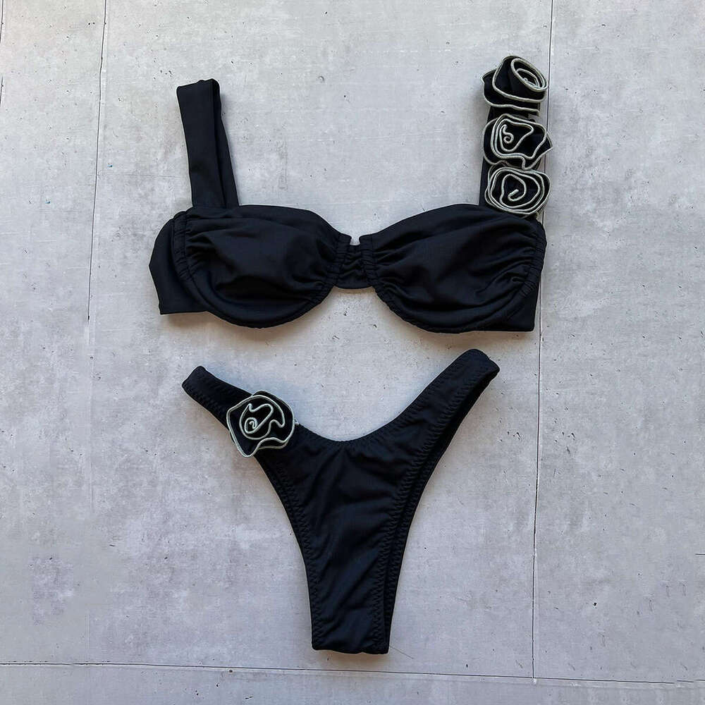 bikini European and American solid color steel holder three-dimensional wer split women's swimsuit swimsuit, 2025 temperament versatile new trend