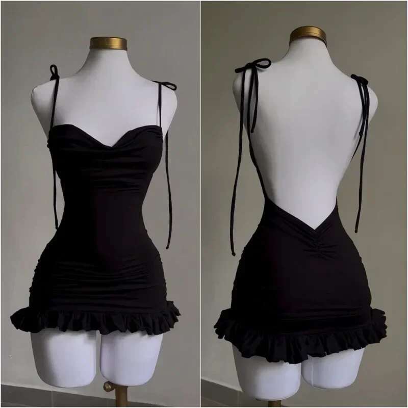 Summer Sexy Mini Women Sleeveless Streetwear Strap Backless Bodycon Folds Split Dress Party Club Elegant A-E Dresses