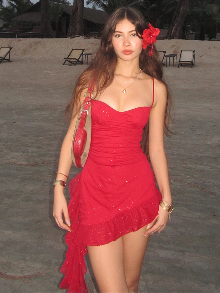 Sexy Sequin Ruffles Sling Mini Dress Women Slim Sleeveless Backless Party Dresses 2025 Spring Summer Shiny Beach Vacation Robe 250218