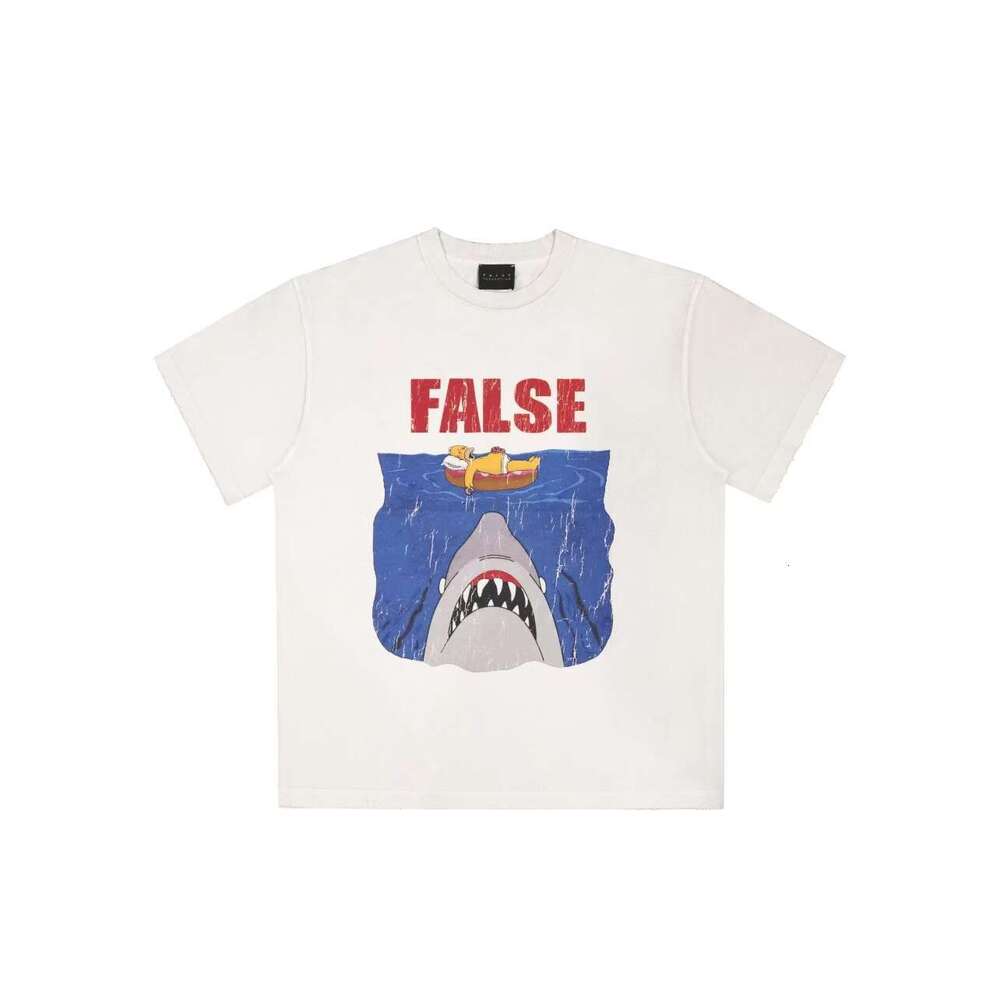 Vintage high street niche trendy brand cartoon Simpson shark wash water crack print summer short sleeved T-shirt for men