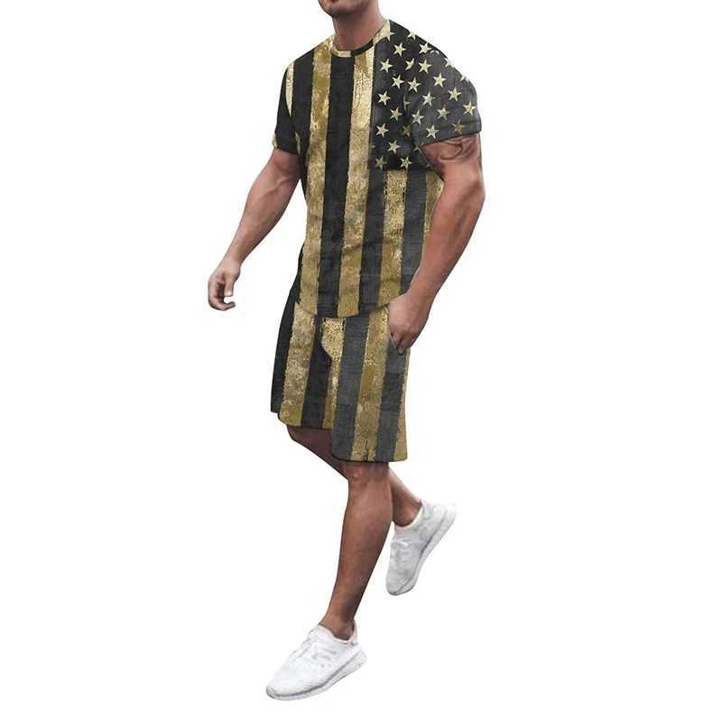 American Flag 3D Print Tracksuit T Shirts Shorts Mens T-shirt Sets USA 2 Pieces Streetwear Males Oversized Suits SportswearXJ250218