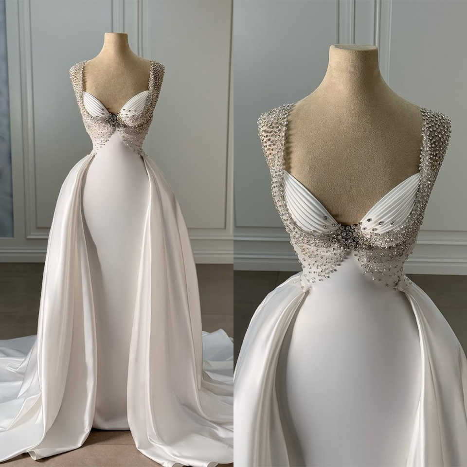 Classic Mermaid Wedding Dress Sweetheart Neck Sleeveless Bridal Gowns Crystal Detachable Train Dresses Custom Made vestidos de novia