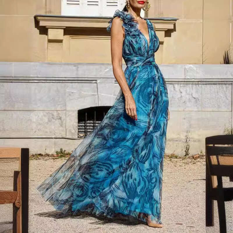 Summer European and American Bohemian Vacation Style wer Dororita Large Swing Skirt Printed Dress 2025 New Casual Versatile Fashion Clothing