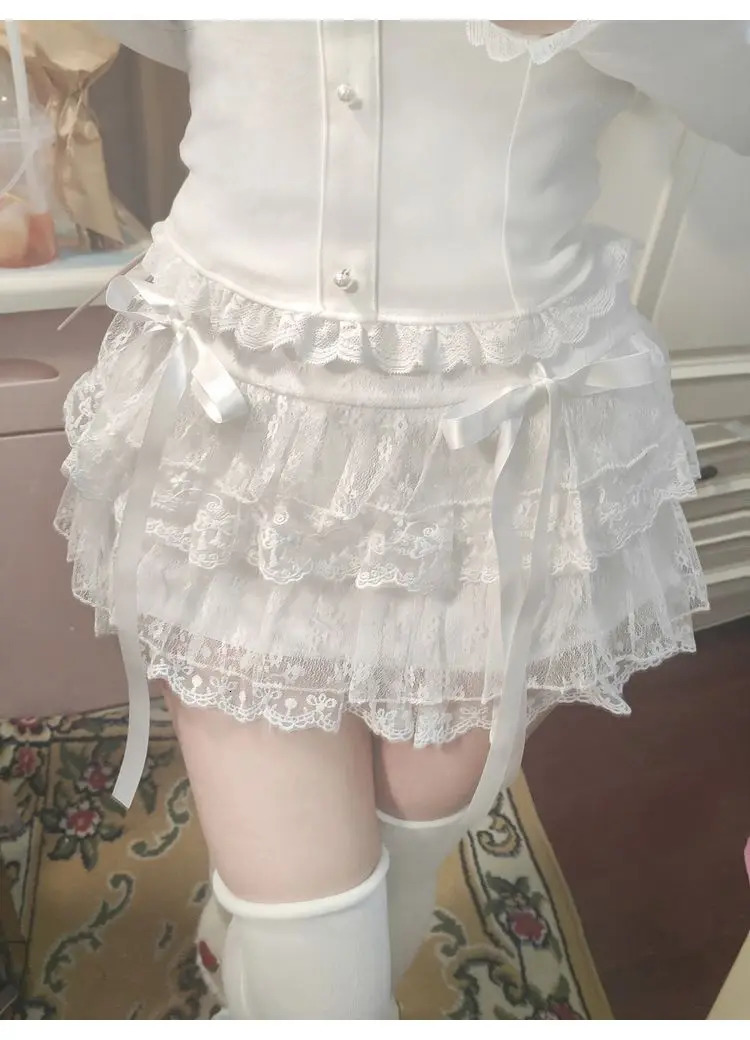 Y2k Lace Sweet Girl Korea Summer Skirts Women Clothes White MIni Skirt High waist Loose Grunge Kawaii Cute Aline Fluffy 250213