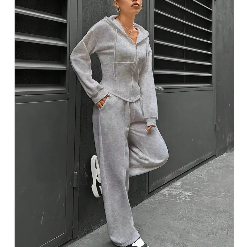 Womens Sports Autumn/Winter Two piece Set Trendy Solid Color Hooded Cardigan Slim Fit Casual Two piece Set for Women 250218