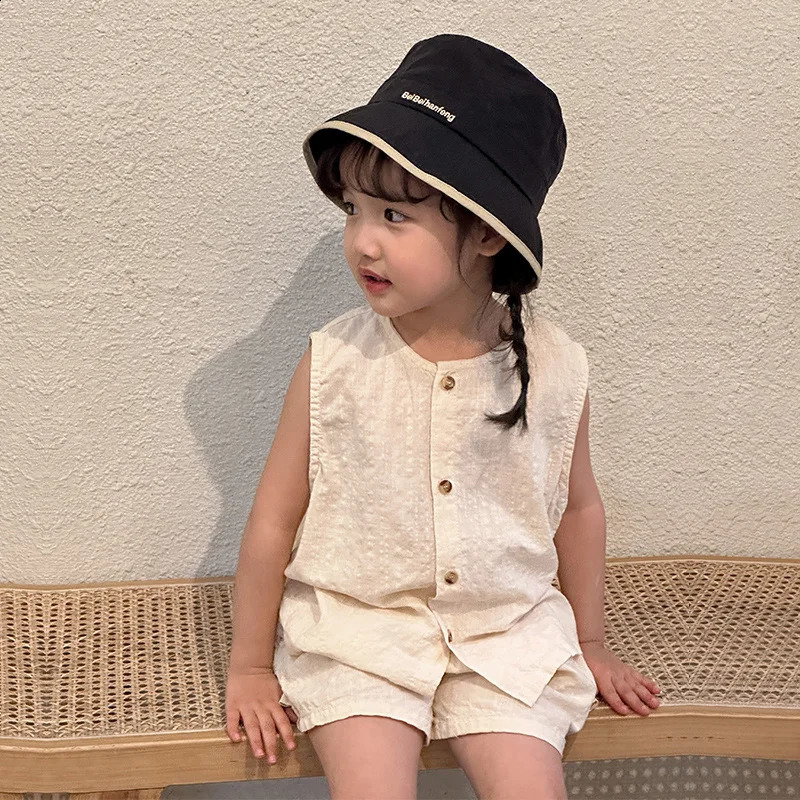 Korean Style Kids Clothes Baby Sibling Outfit Summer Cotton Fabric Solid Versatile Sleeves Top Shorts Two Piece Set 1-5yrs 250218
