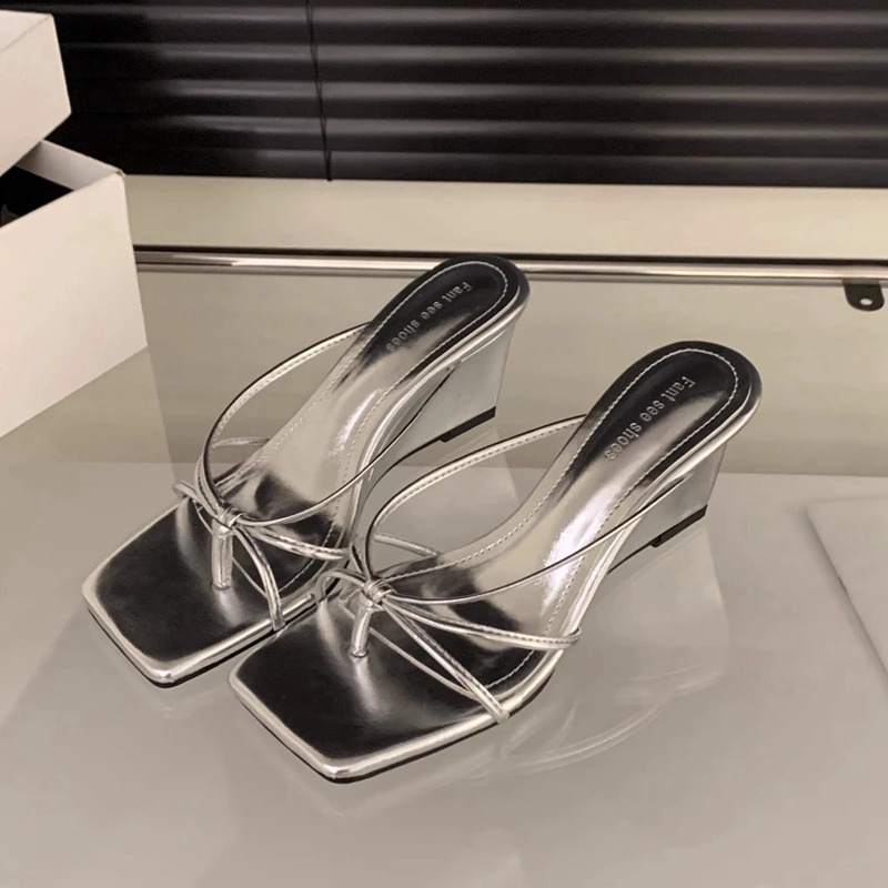 SUOJIALUN Summer Women Slipper Fashion Narrow Band Ladies Elegant Sandals High Weadge Heel Outdoor Elegant Slides 250213