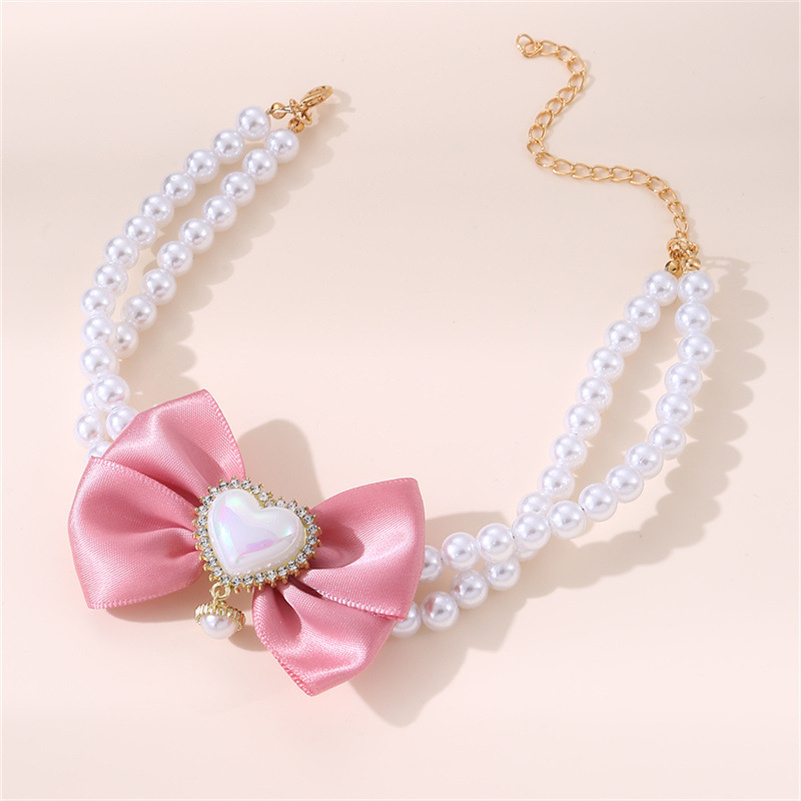 Chic Red Pearl Collar for Dogs and Cats - Double Layered Necklace with Rhinestone Bow Charms
