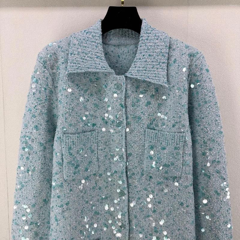 Womens Knits Retro Sequined Lapel Cardigan Knitted Top 2025 Spring Festival High-Quality Soft Comfortable Temperament Versatile