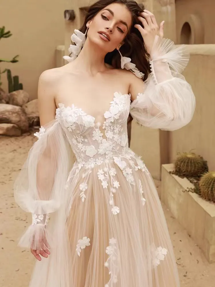 Boho Glitter Long Sleeves Floral Weeding Dress Deep Scoop Side Split A-Line Lace Appliques Bridal Gownss Bridal Gownss 02