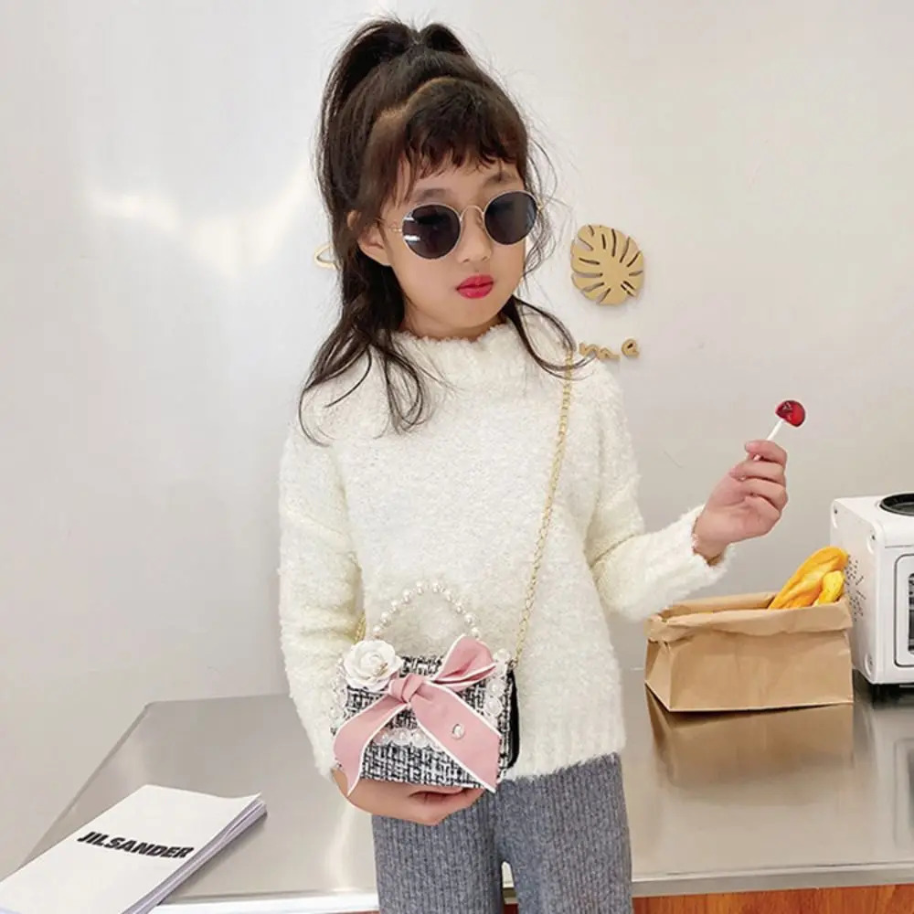 Pearl Handle Mini Chain Crossbody Bag Fashion Square Coin Purse Kids Handbag Clutch Bag Bow-knot Princess Shoulder Bag 250219