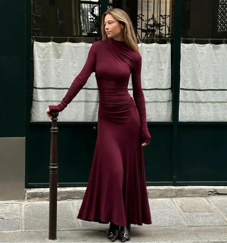 Lady Elegant Burgundy Mock Turtleneck Solid Maxi Dresses Fashion Long Sleeve Slim Hem Party Midi Robe Autumn Evening Dress Women 250218