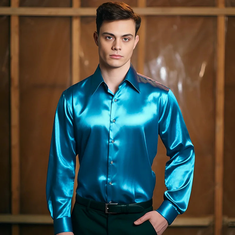 Men Satin Shirts Mens Dress Shirts Long Sleeve Casual Social Male Clothes Chemise Homme Shirt S40 250214