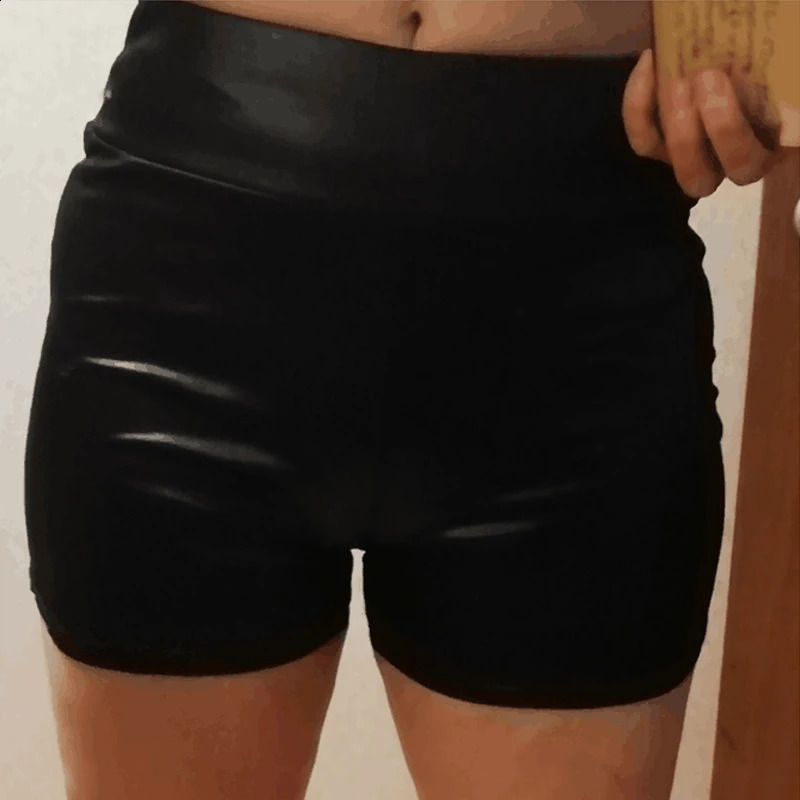 2024 Sexy Womens Shorts Shiny Elastic High Waist Faux PU Leather Short Pants Slim Dance Clubwear Mini 250213