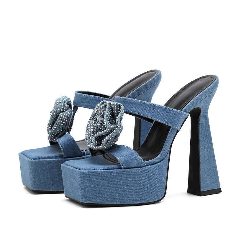 Denim CRYSTAL wer Women Slippers Slides Summer Design Fashion Peep Toe Square Heels Gladiator Sandals Shoes