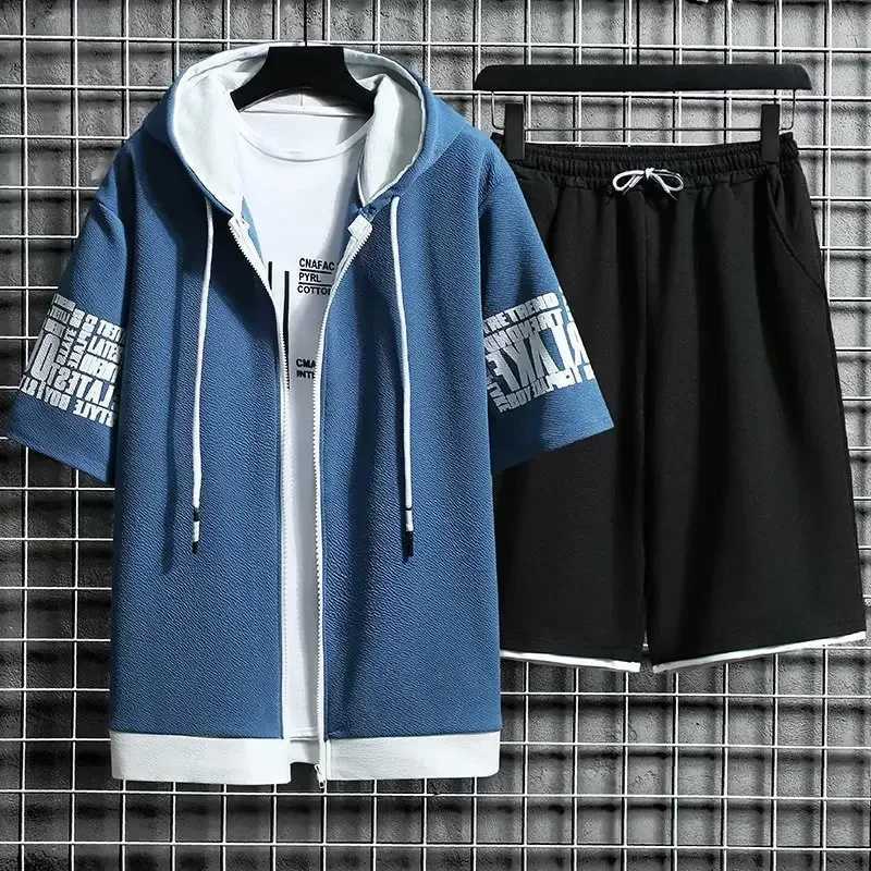 Summer Thin Mens Sports Suit 2-piece Set Casual Hooded Quick Dry Running Exercise Clothes Short Sleeve ShortsXJ250218