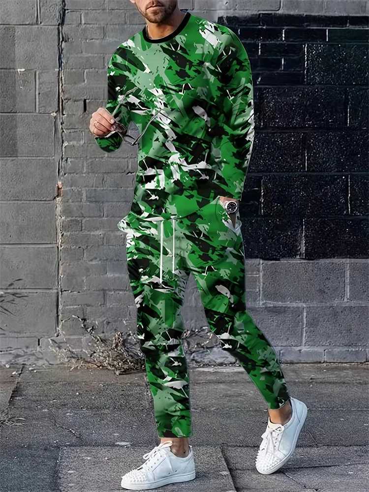 Harajuku Street Trend Mens Crewneck Long Sleeve T-shirt Pants 2 Sets Casual And Comfortable Crewneck Long Sleeve Top And SlacksXJ250218