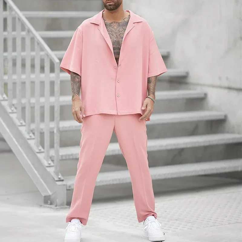 Summer Fashion Shirts and Pants Two-piece Mens Sets New Trend Solid Color Male Suit Pink Large Size Sweatshirts Ropa HombreXJ250218