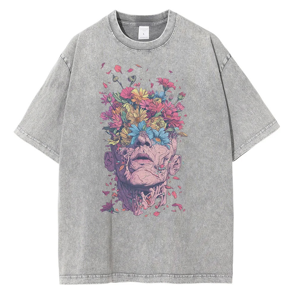 Heavyweight Pure Cotton T Shirts Flowers Emerging Out of Human Eyes and Heads Graphic T-shirts Vintage Van Gogh Style Mens Tops 250217