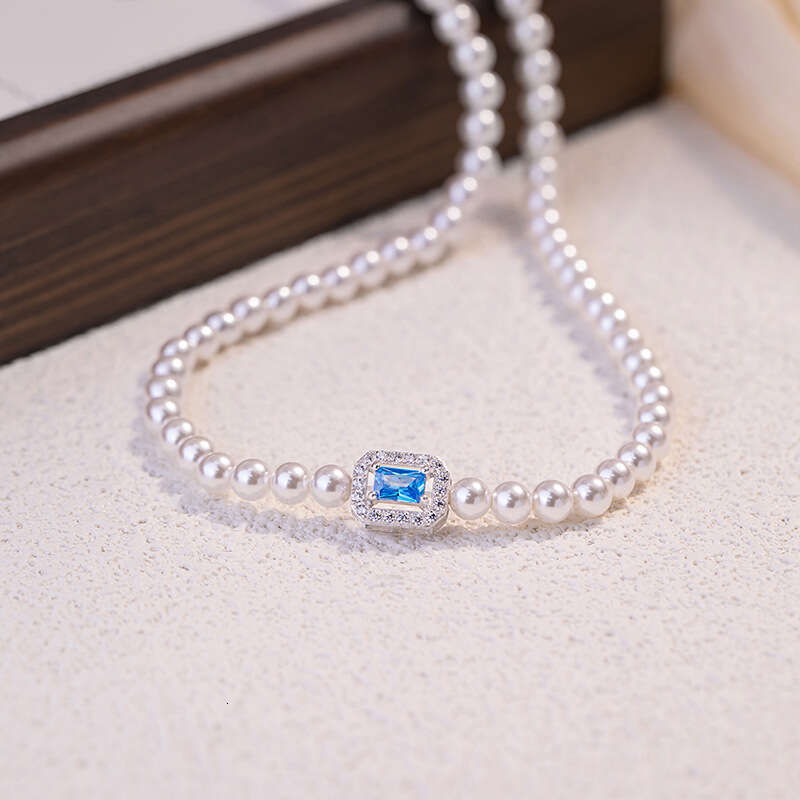 Hailao pure sier necklace, female niche design, light style, Shijia pearl collarbone chain, ins style square pendant