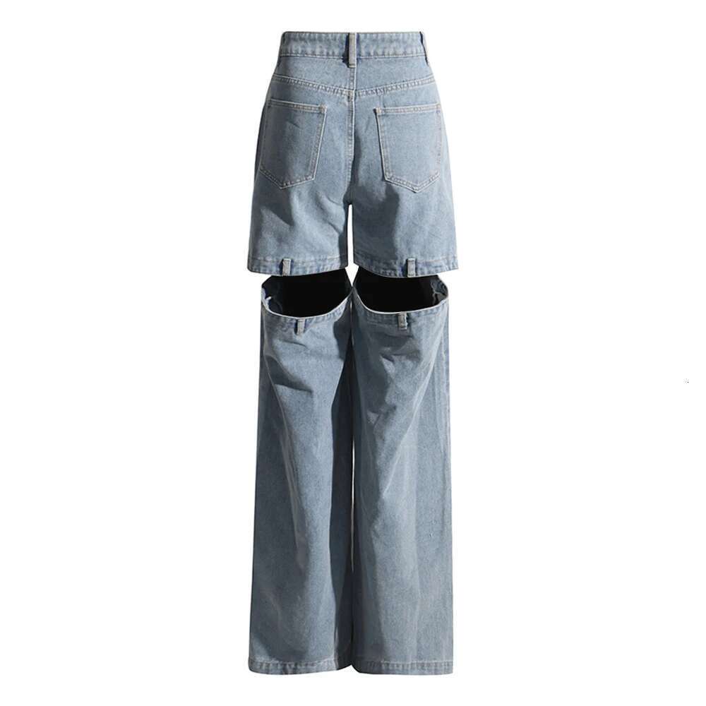 Solid Hollow Out Spliced Pockets Jeans For Women High Waist Patchwork Button Minimalist Loose Wide Leg Pants Female Style