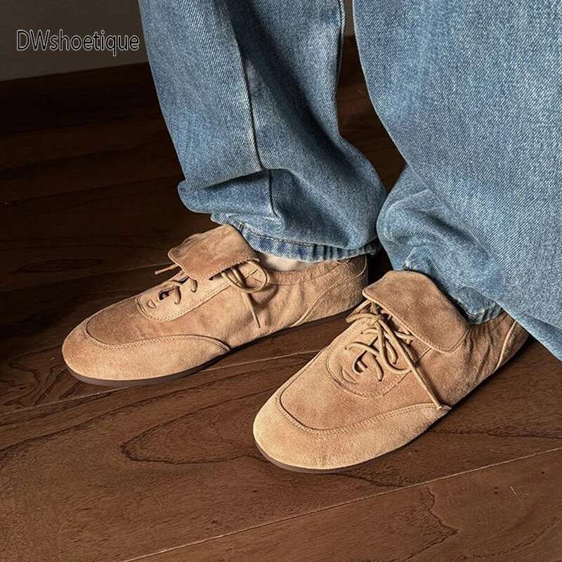 Real cow suede leather women flats lace up casual sport shoes