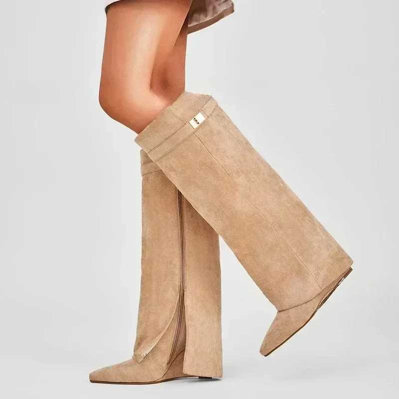 2024Autumn and Winter New Pointed Metal Buckle Knee High Womens Thick High-heeled Pants Fashionable Mid Leg Boots Z250218