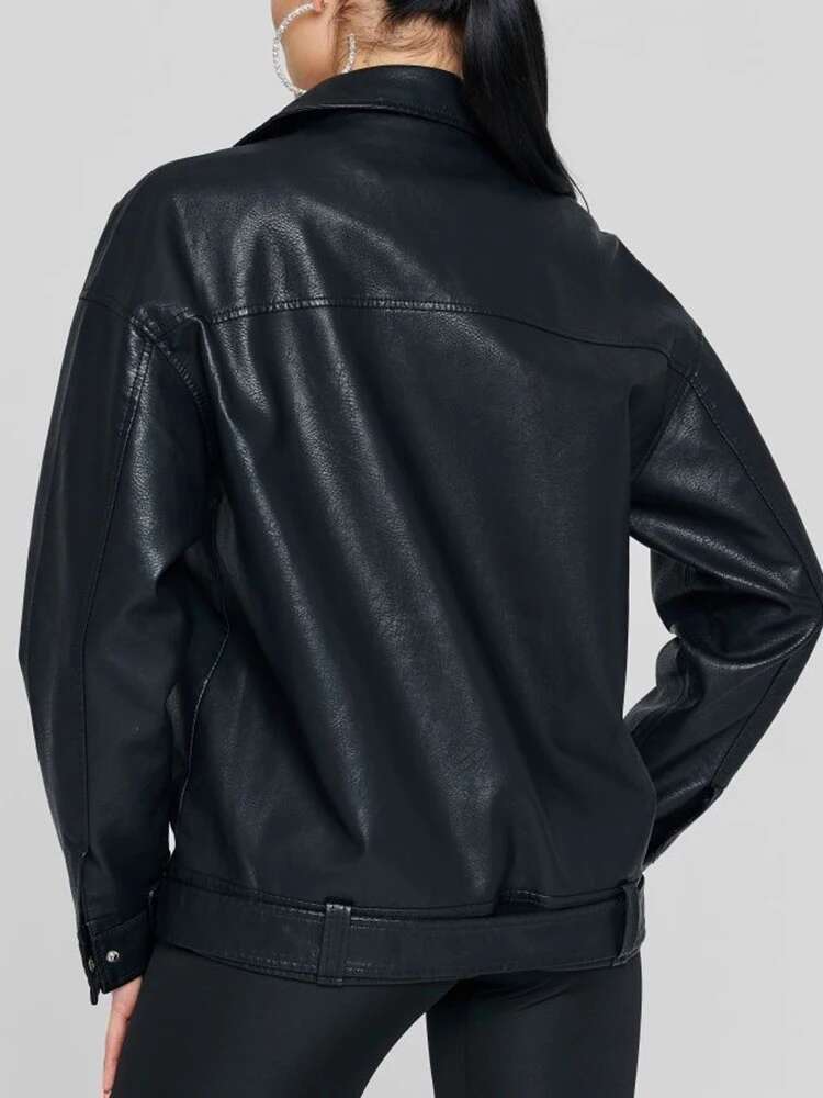 Aigo Spring Autumn Women Moto Biker Black Loose Pu Faux Leather Jacket Streetwear Female Zipper Belt Coat Outwear
