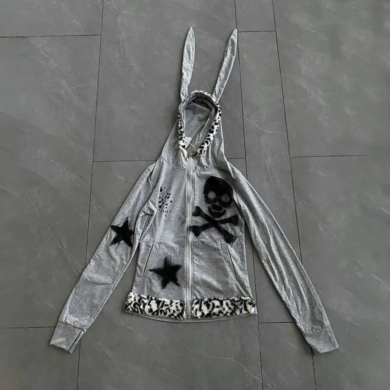 Karrram Japanese Y2k Rabbit Ears Jacket Gothic Skull Print Hooded Outerwear Vintage Haruku Zipper Sweatshirt Grunge Aesthetics