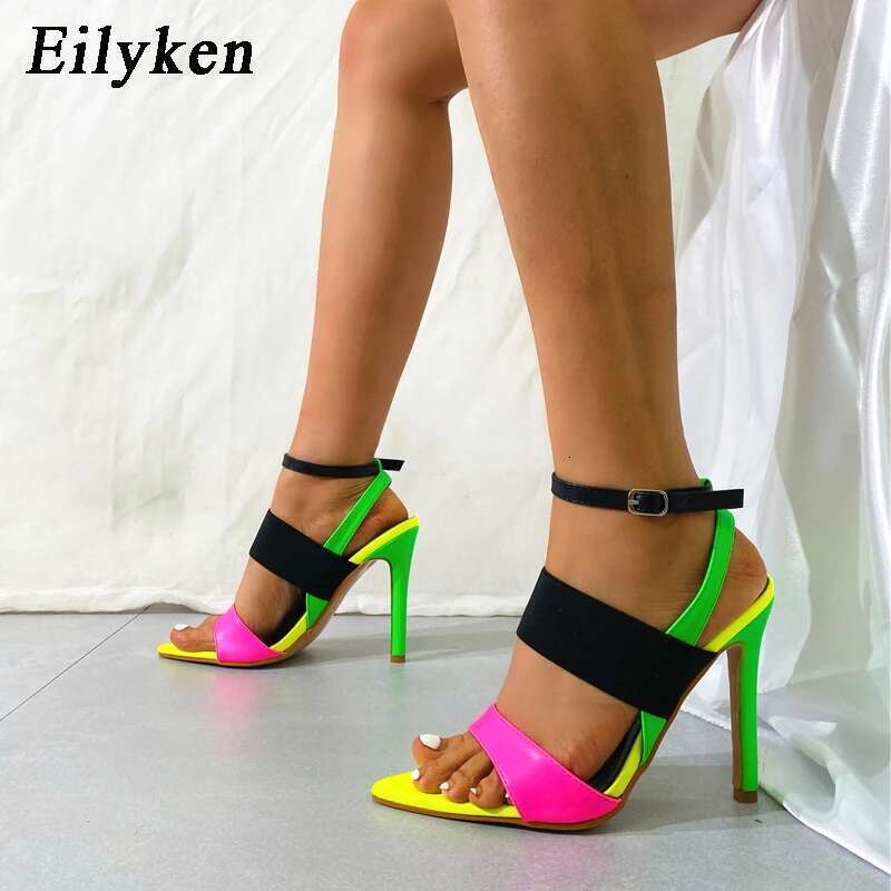 Sexy Pointed Toe High Heels Women Sandal Fashion Mixed Color Buckle Strap Slides Summer Party Stripper Shoes Sandalias