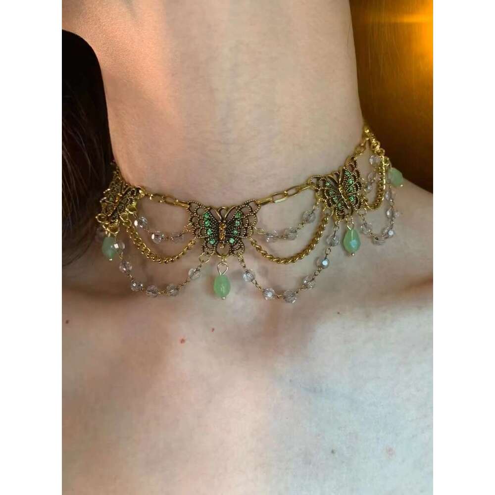 Heavy industry multi-layer tassel inlaid dia butterfly necklace for women, new Chinese style, niche, high-end texture, spicy girl, collarbone neck cha