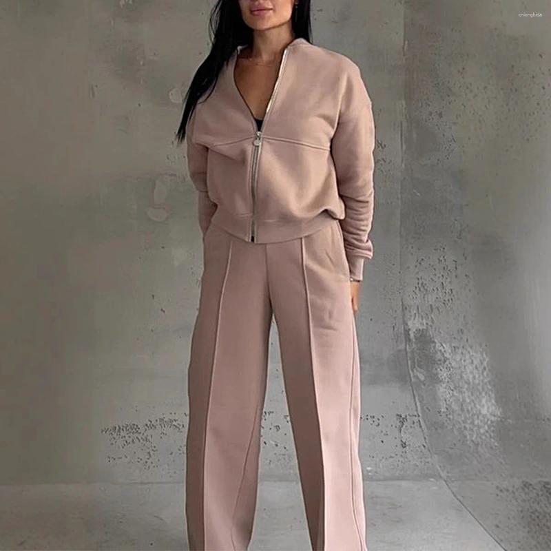 Womens Two Piece Pants Autumn Winter Female Loose Tracksuit Zipper Sweatshirt Coat Straight Pant Sports Suit Solid Color Casual Comfortable