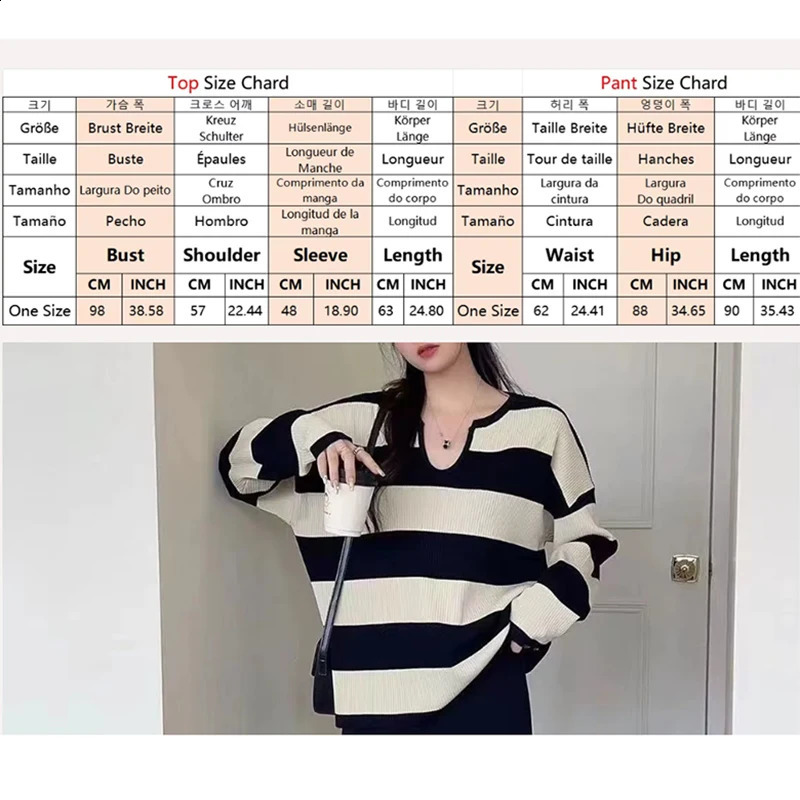 Casual Elegant Knitted 2-pieces V-neck Striped Long Sleeved Top Wide Leg Solid Loose Pants In Mathing Set Women Trend 250218